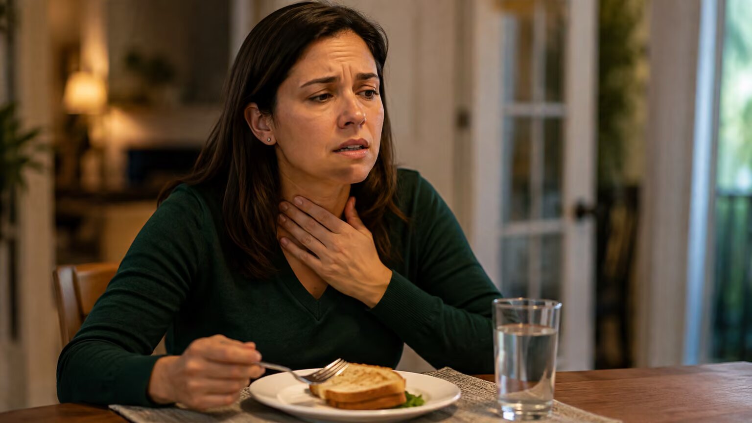 Person at a dinner table pausing mid-meal with a hand to their throat, a common presentation of eosinophilic esophagitis