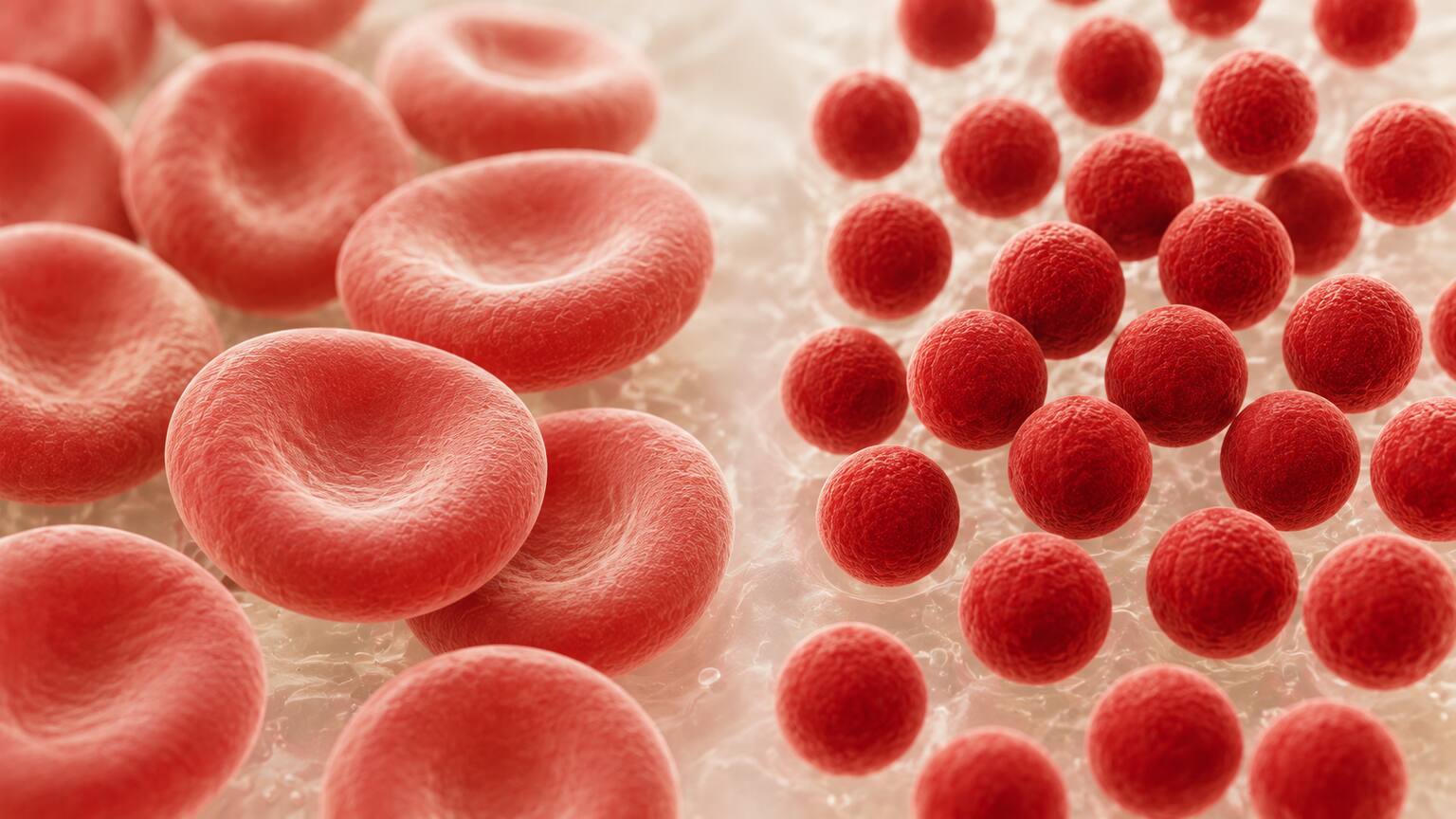 Editorial illustration contrasting a normal disc-shaped red blood cell with smaller, denser sphere-shaped red blood cells