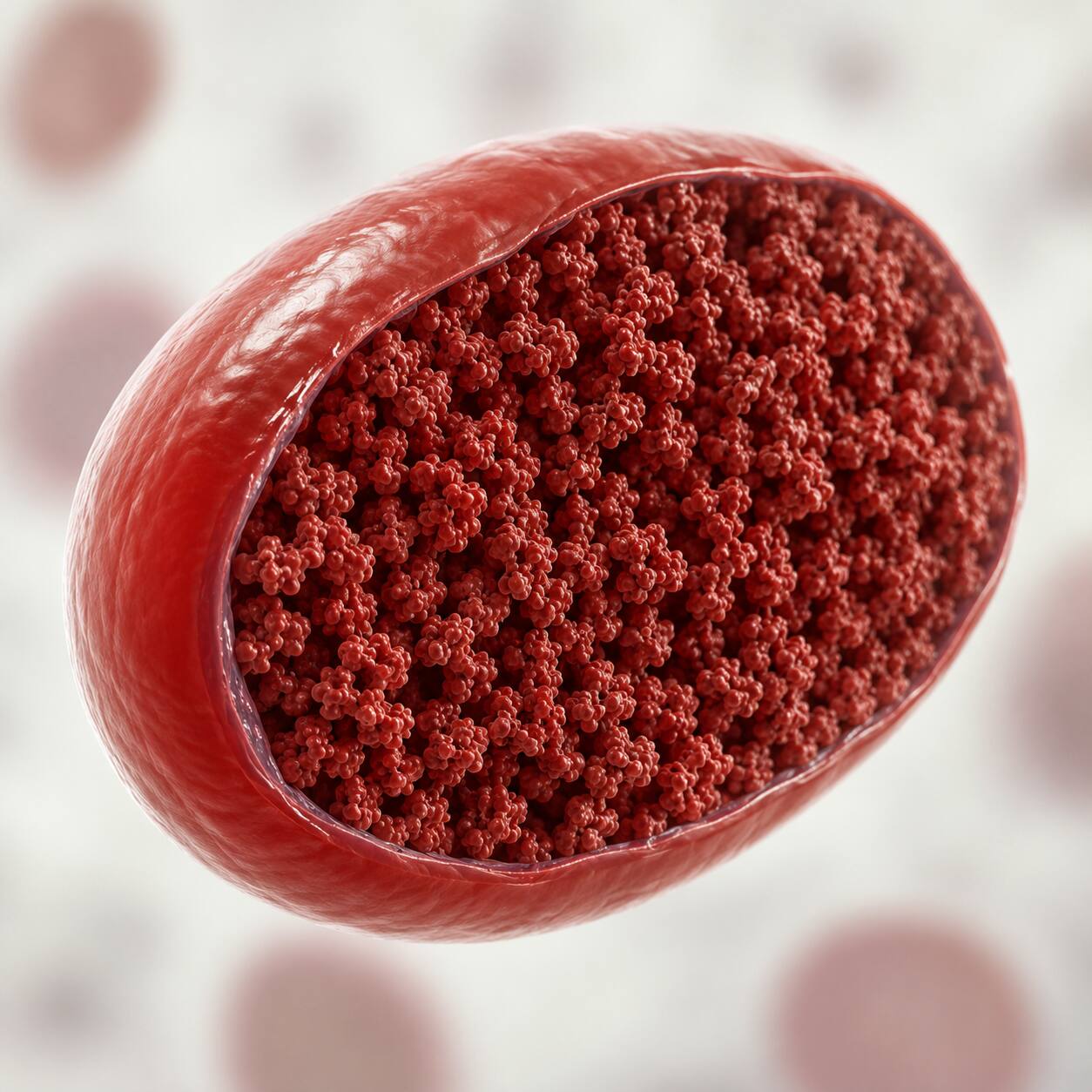 Close-up cross-section illustration of a single red blood cell densely packed with hemoglobin molecules