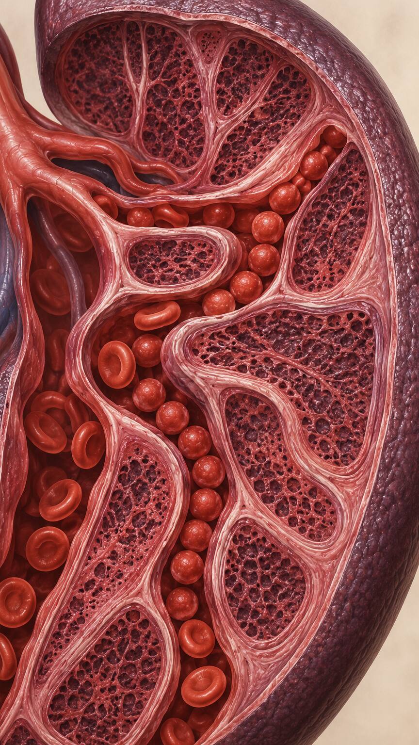Cross-section illustration of the spleen trapping and destroying sphere-shaped red blood cells inside narrow vessels