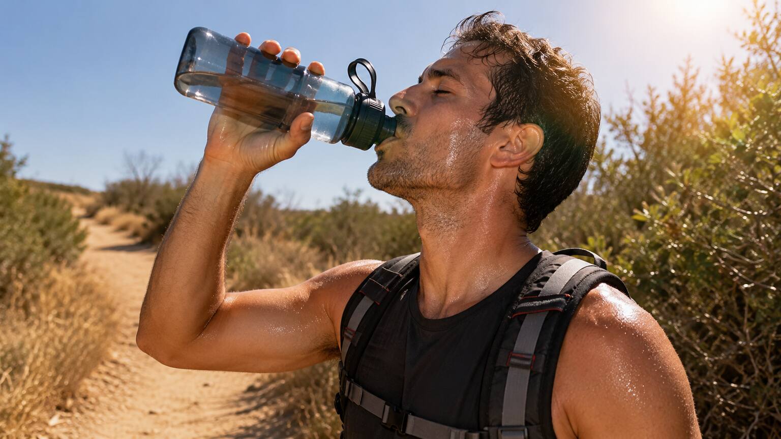 Person pausing on a sunlit outdoor trail to drink water from a bottle after exercising in the heat