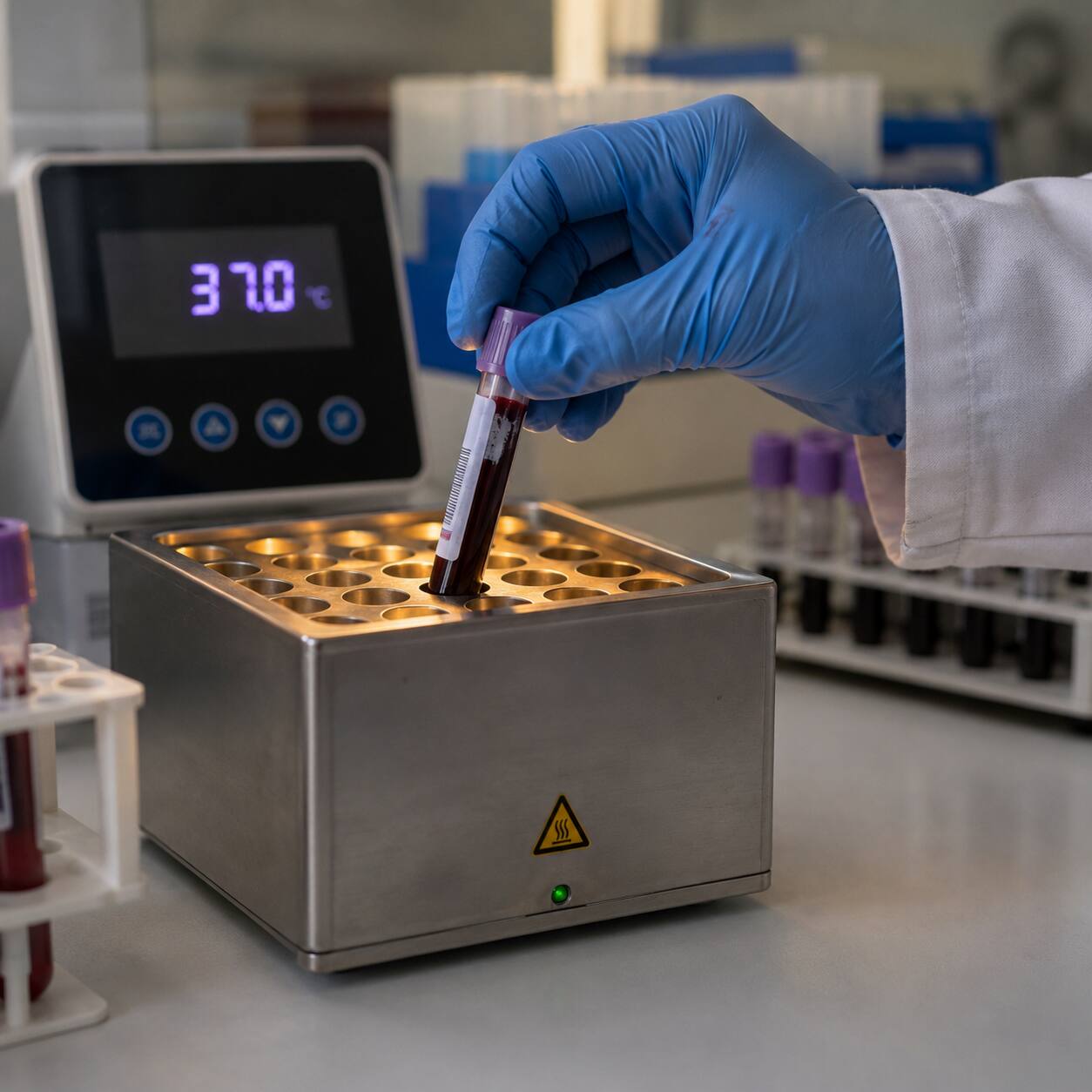 Gloved hand placing a blood collection tube into a laboratory warming block to reverse cold agglutination