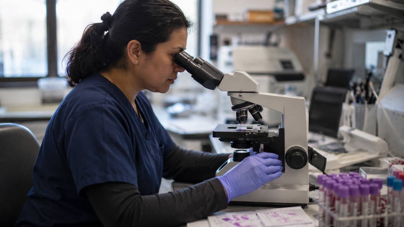 Laboratory technologist examining a stained blood smear slide under a microscope to check red blood cell shape