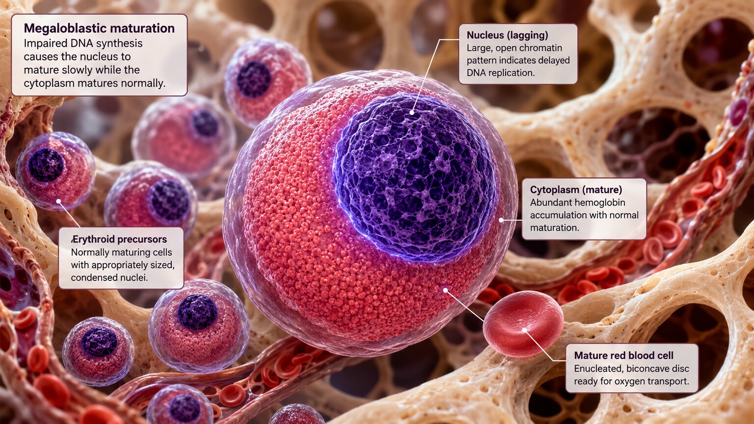 Scientific illustration of a bone marrow erythroblast with a large immature nucleus lagging behind cytoplasm maturation
