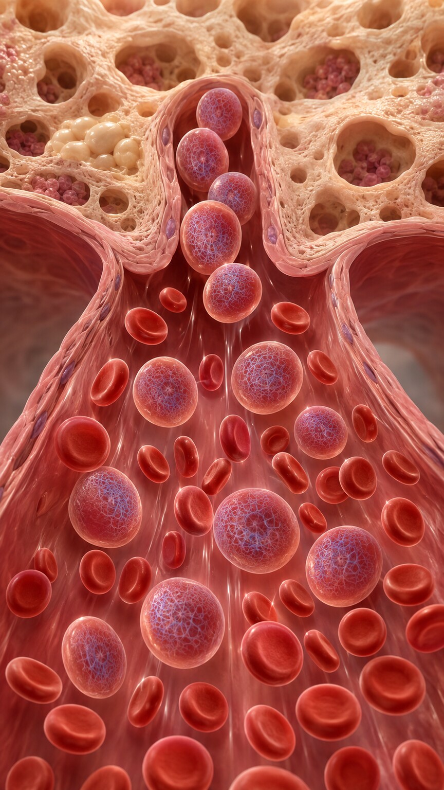 Scientific illustration of large, young reticulocytes with residual RNA being released from bone marrow into a blood vessel