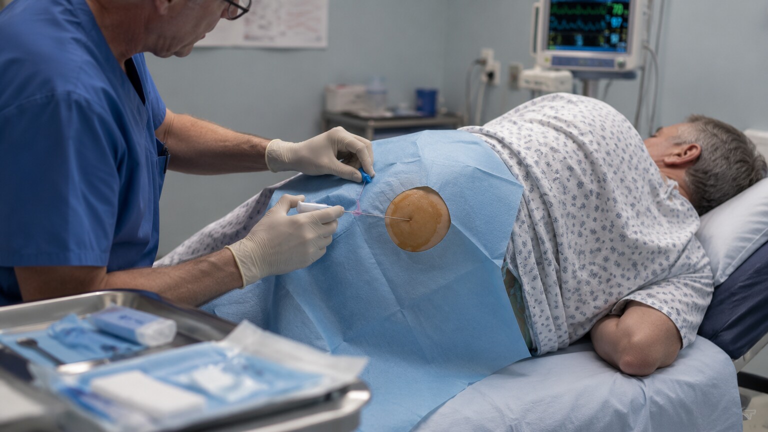 Physician performing a bone marrow aspiration procedure on a patient's hip while the patient lies on their side