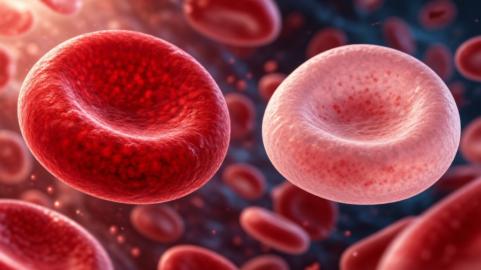 Scientific illustration comparing a normal, deeply pigmented red blood cell against a pale, hemoglobin-deficient red blood cell side by side