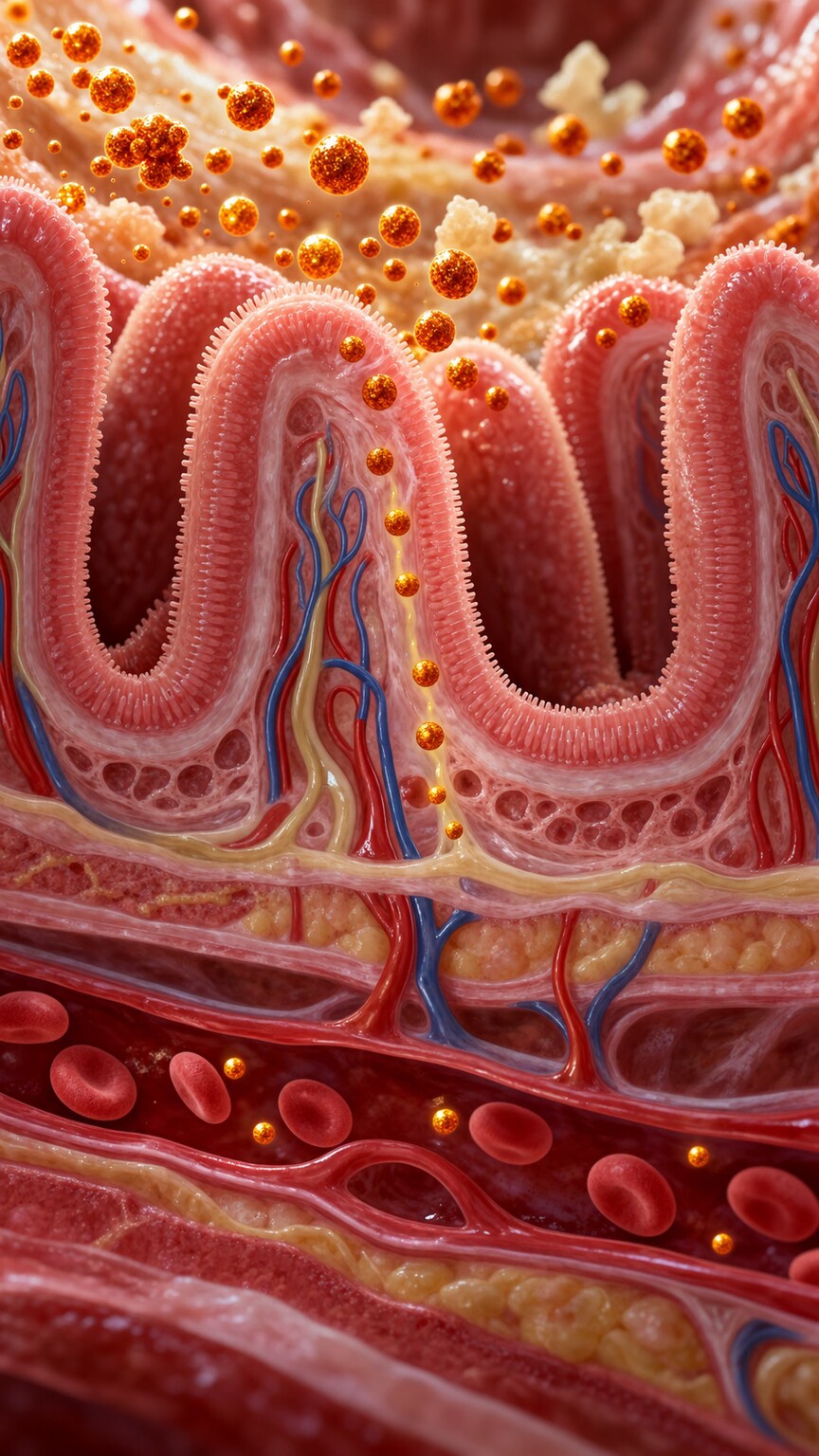 Scientific illustration of the small intestine lining absorbing an insufficient amount of dietary iron into the bloodstream