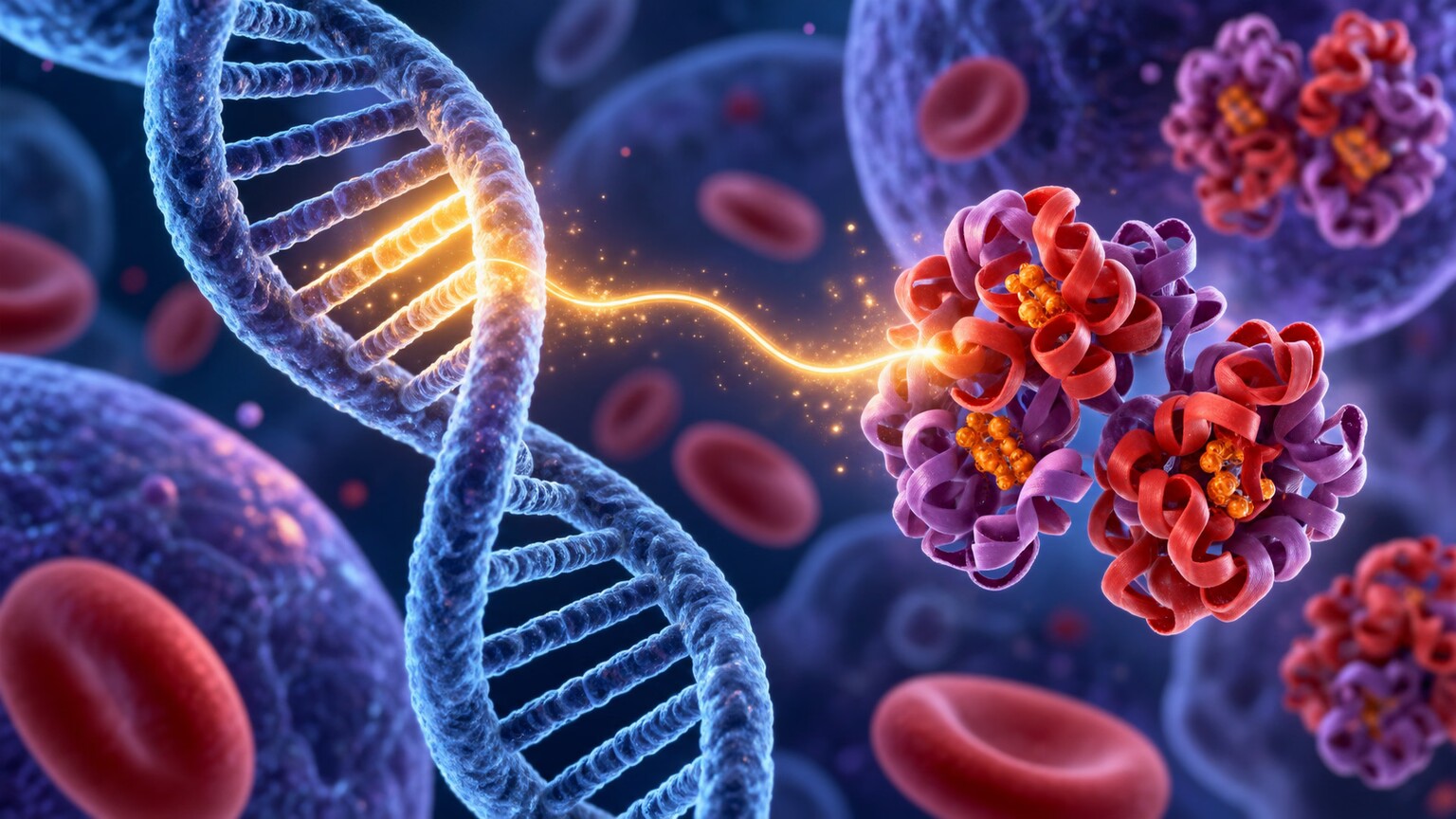 Scientific illustration of a DNA strand with a highlighted gene responsible for producing one of the protein chains that make up hemoglobin