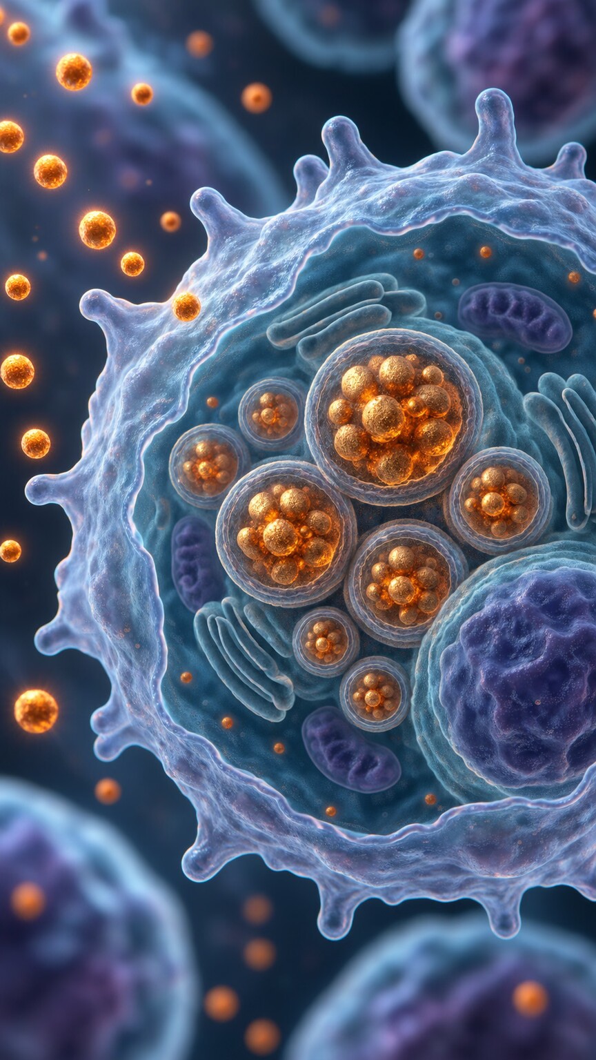 Scientific illustration showing iron stores trapped inside immune cells during chronic inflammation, unavailable for red blood cell production