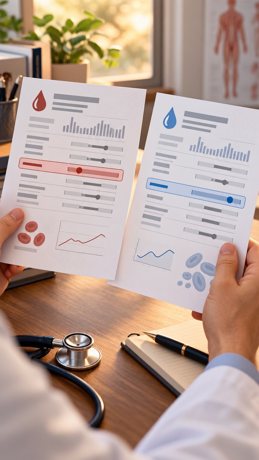 Illustration of a clinician comparing ferritin and red cell distribution width results side by side to determine the cause of a low MCH