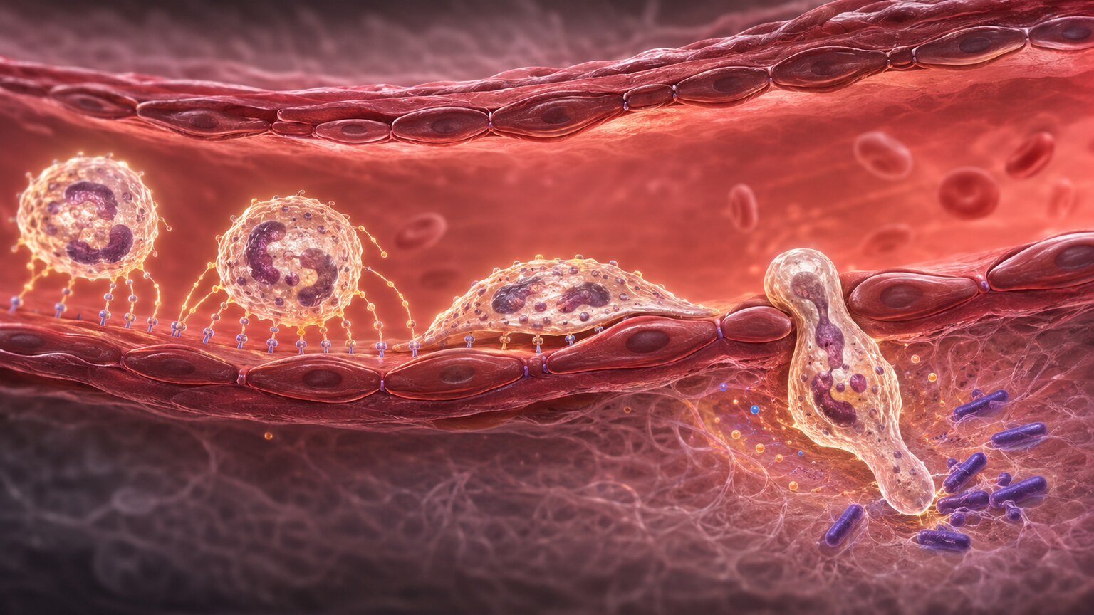 Scientific illustration of neutrophils rolling, adhering, and migrating through a capillary wall toward a site of bacterial infection