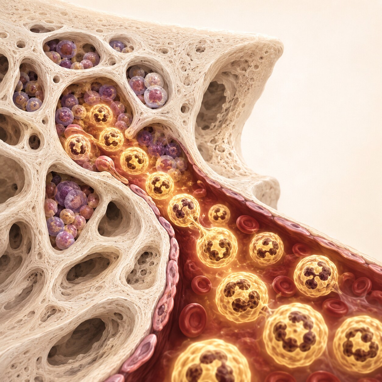 Scientific cross-section illustration of bone marrow releasing a stored reserve of mature neutrophils into the bloodstream