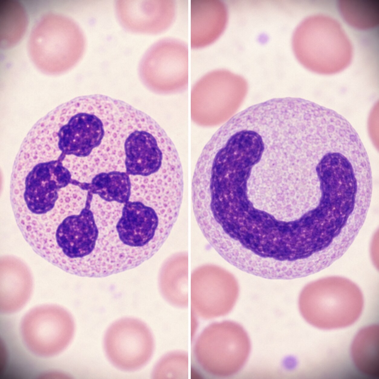 Blood smear illustration comparing a mature, multi-lobed neutrophil to an immature band neutrophil with a horseshoe-shaped nucleus