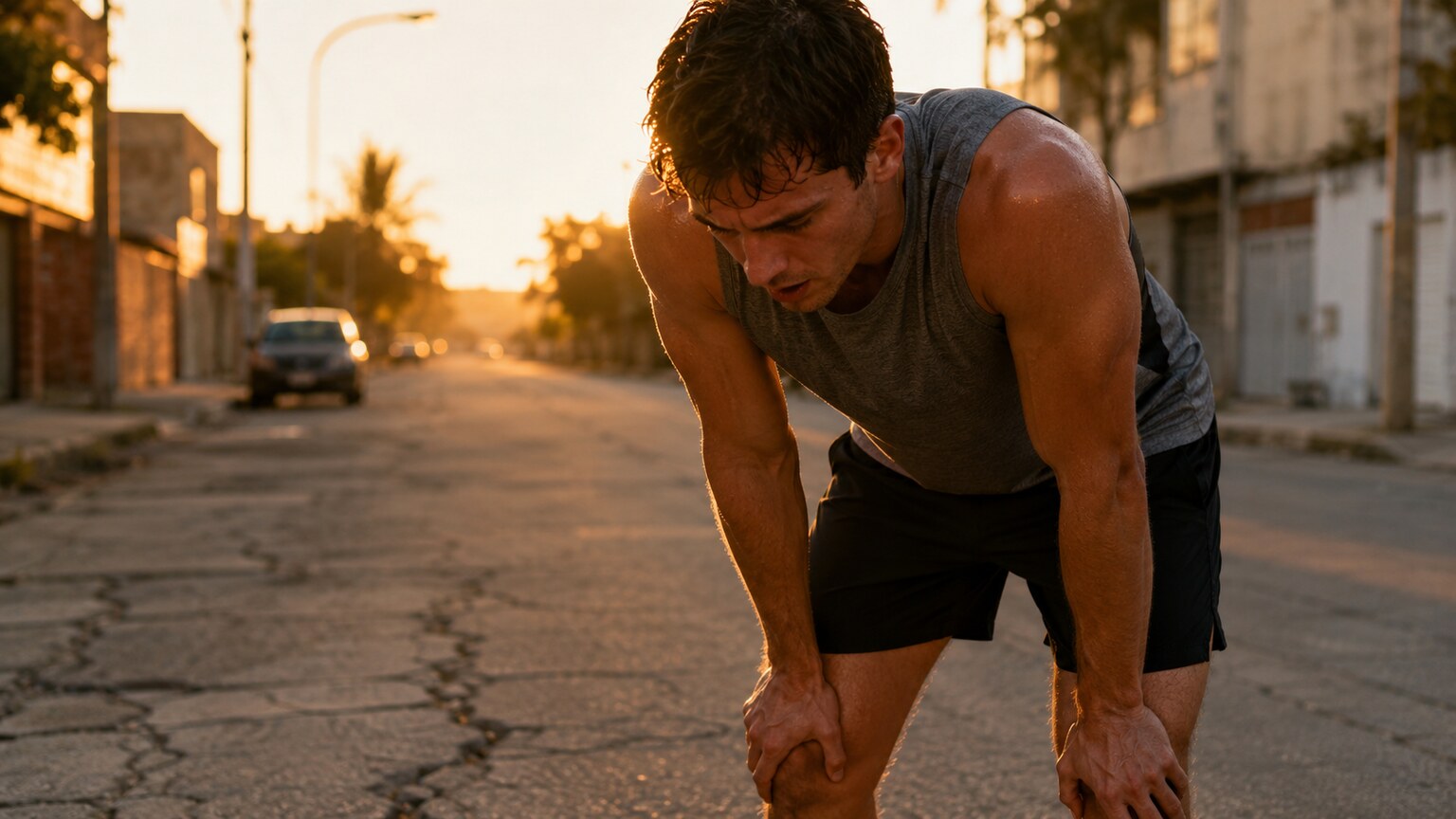 Person bent over catching their breath after sprinting on an urban street at dawn, illustrating exercise-induced neutrophil demargination
