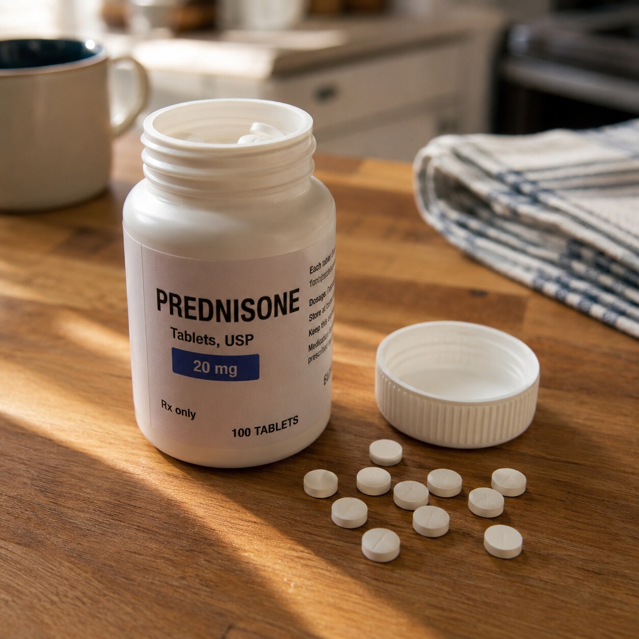 Prednisone pill bottle with tablets spilled beside it on a kitchen counter, representing corticosteroid-driven neutrophil elevation