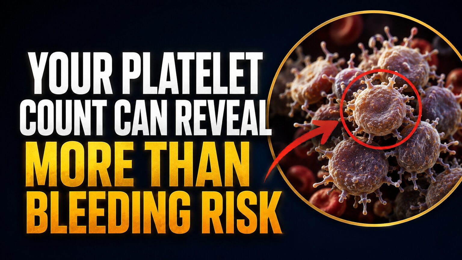 Bold explainer-style graphic showing a magnified platelet cluster beside the article title, illustrating platelet count as a diagnostic clue
