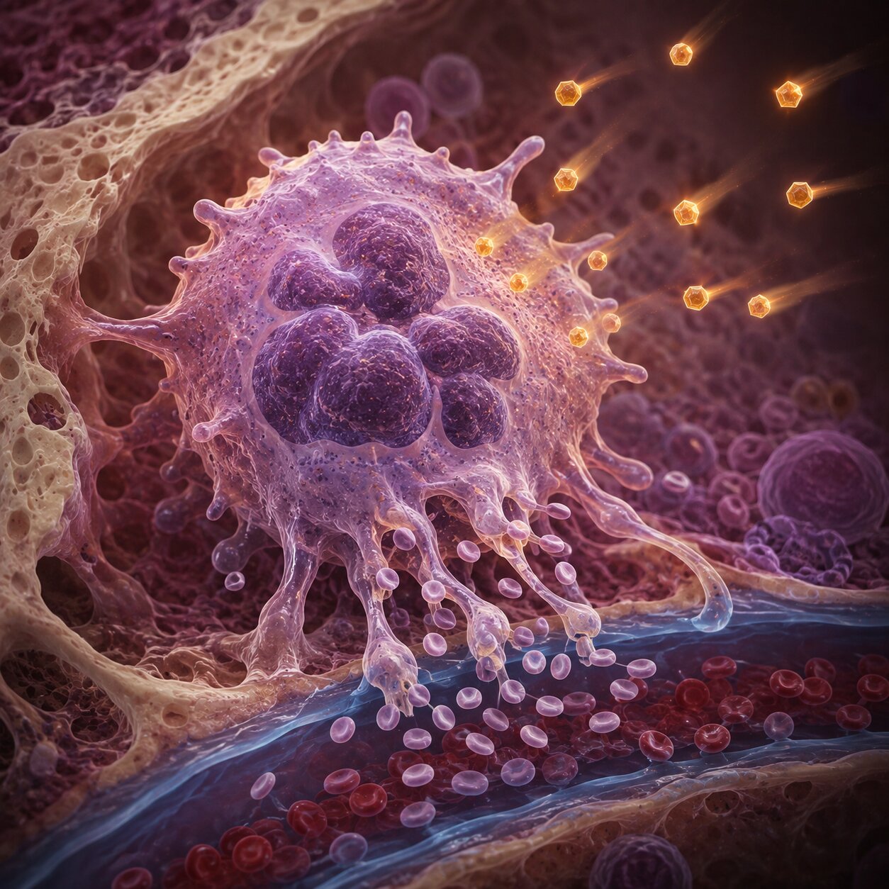 Scientific illustration of a bone marrow megakaryocyte releasing platelets in response to interleukin-6 inflammatory signaling molecules