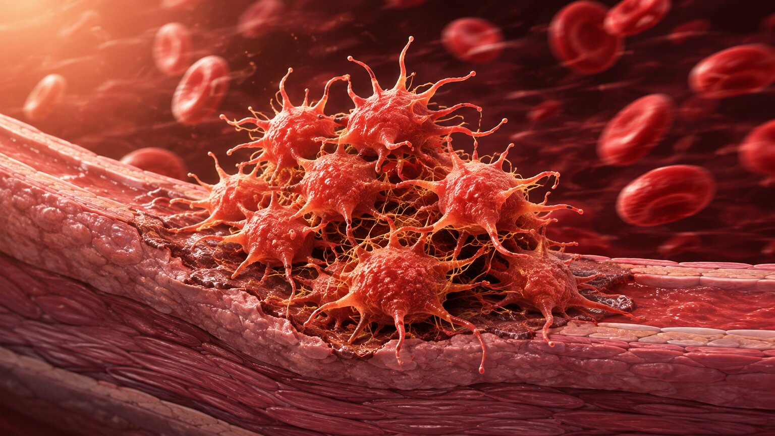 Scientific illustration of large, activated platelets aggregating and forming a clot along a damaged arterial wall