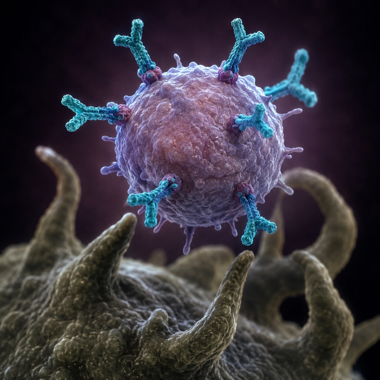 Scientific illustration of Y-shaped antibody proteins tagging a platelet cell for destruction by the immune system