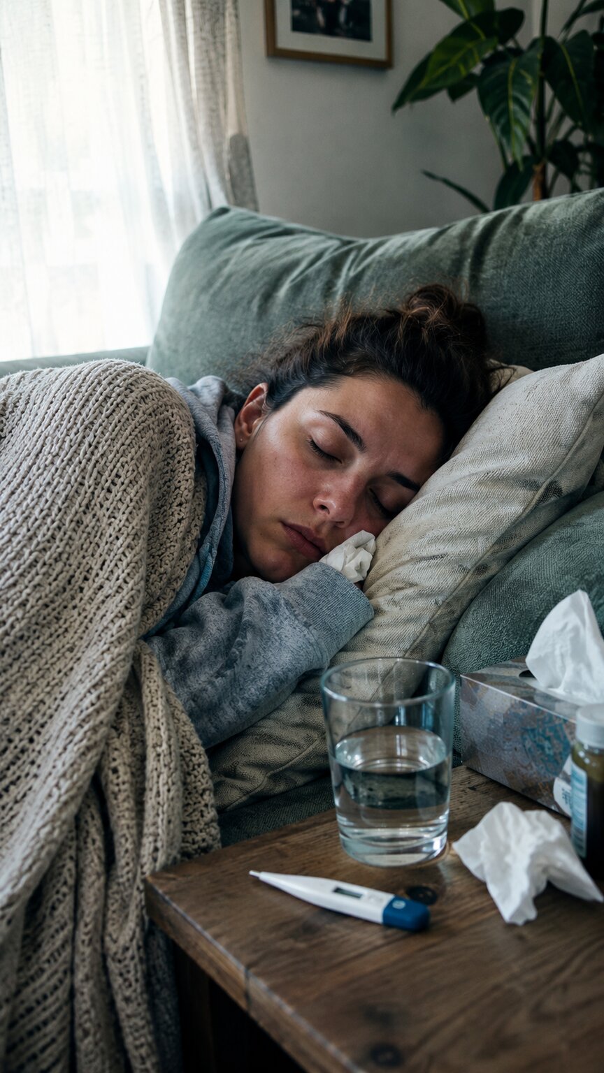 Person resting on a couch under a blanket with a thermometer nearby, recovering from a viral illness at home