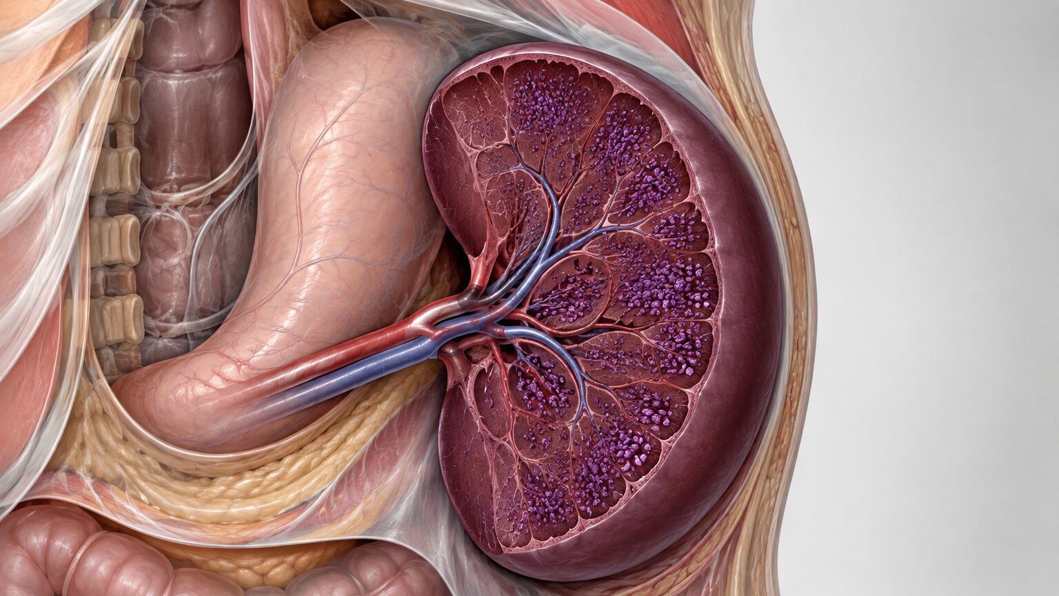 Anatomical illustration of an enlarged spleen trapping platelets and reducing the platelet count circulating in the bloodstream
