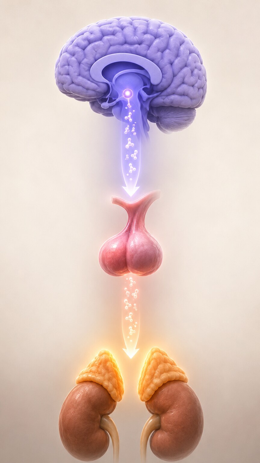 Illustration of the hypothalamus, pituitary gland, and adrenal glands connected in a signaling chain