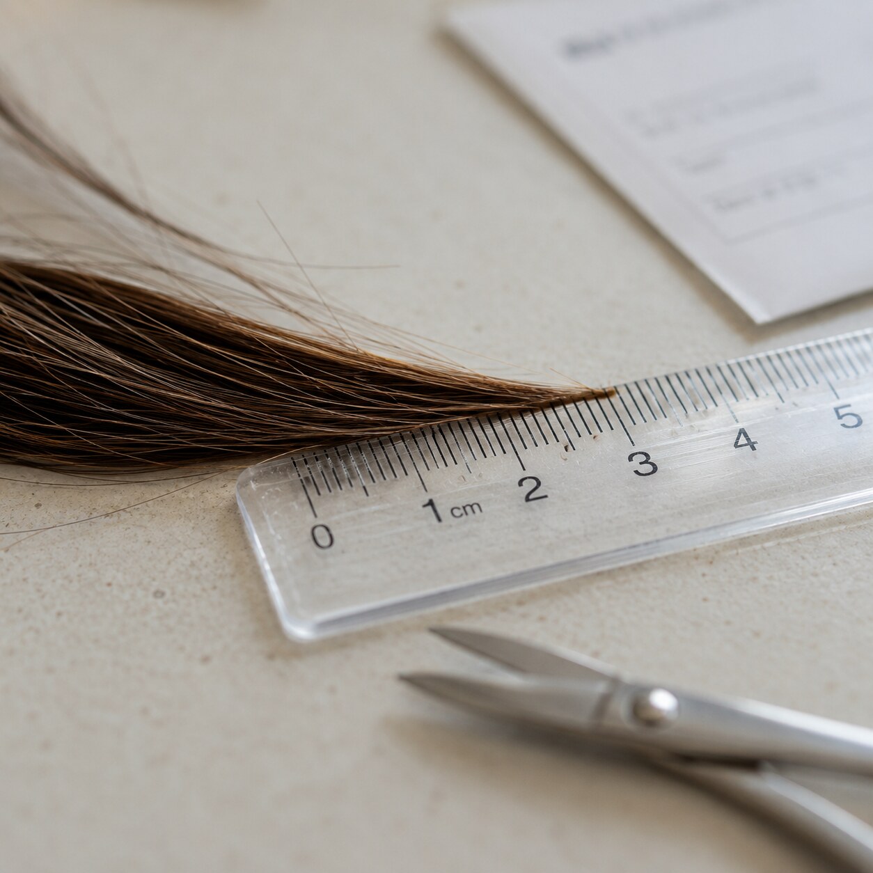 Close-up macro photograph of a small section of hair strands being measured against a ruler for a cortisol testing sample