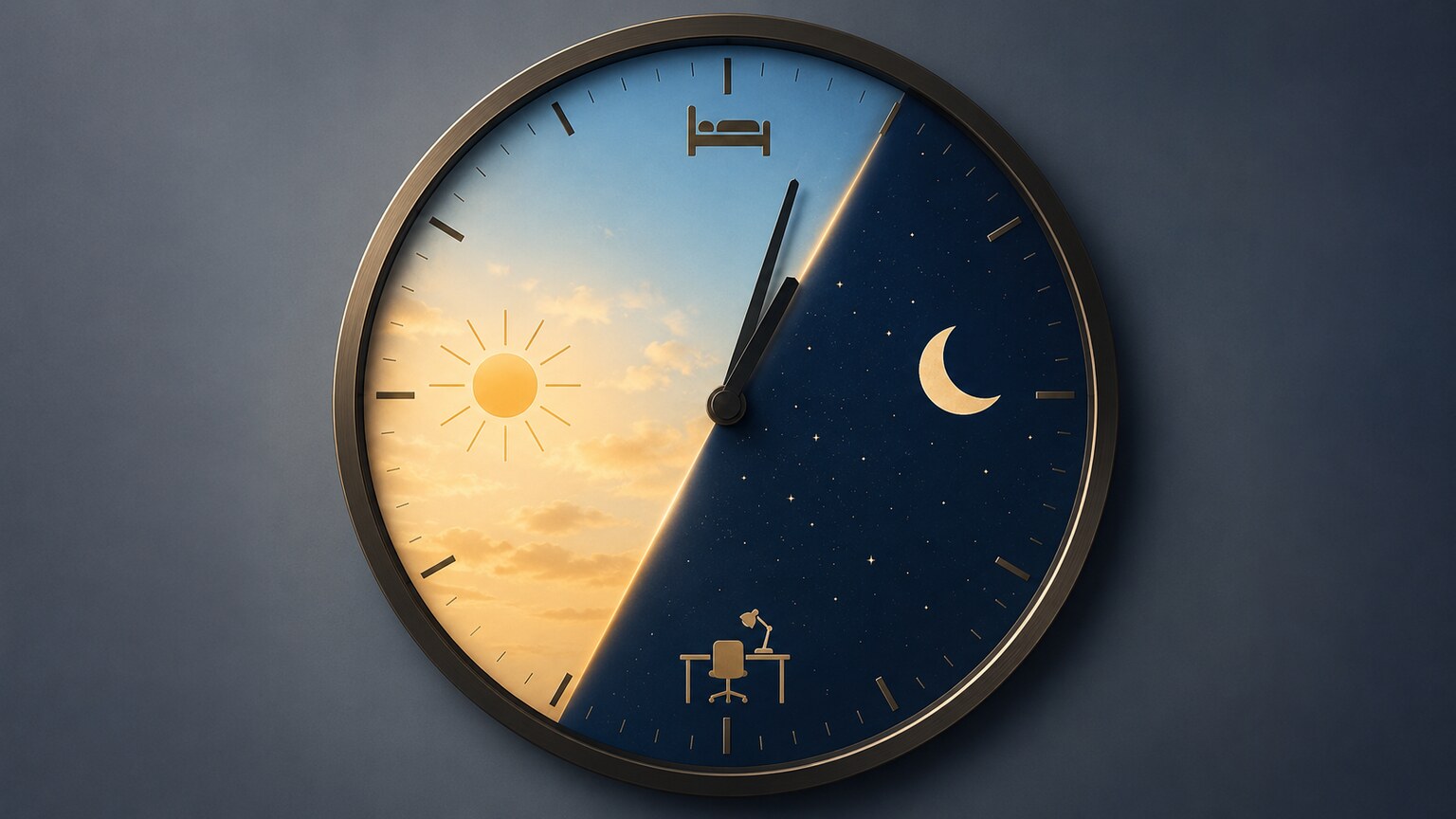 Illustration of a clock face split between daylight and nighttime hours, representing a misaligned work schedule against the body's internal clock