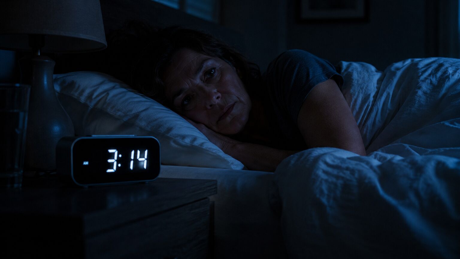 Person lying awake in bed in the dark, eyes open, looking toward a glowing bedside clock reading 3:14 AM