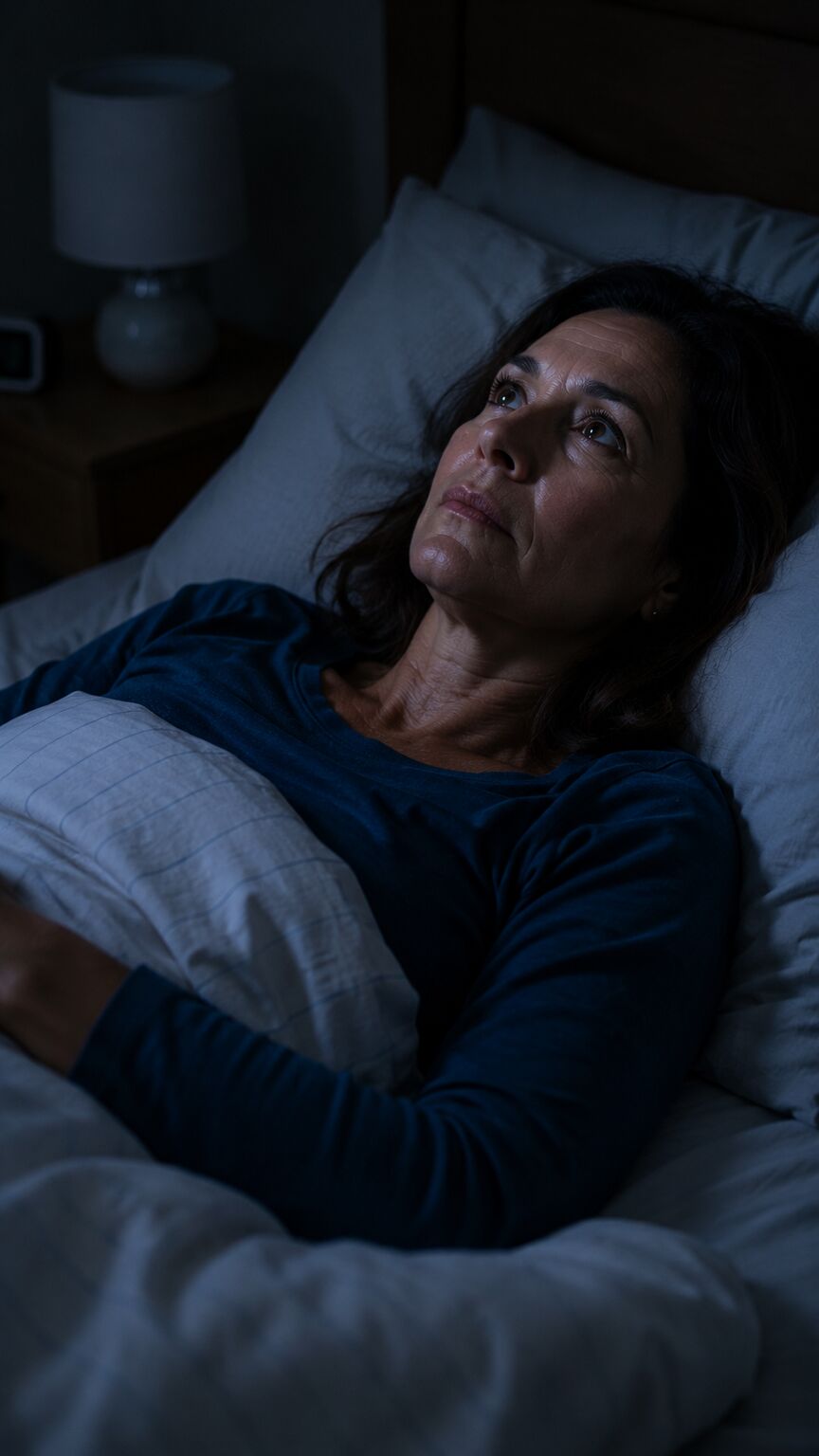 Woman lying in bed at night staring at the ceiling with a tense expression, unable to fall asleep