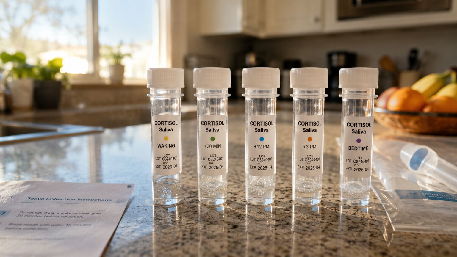 Labeled saliva collection tubes for a multi-point cortisol test arranged on a kitchen counter in morning light