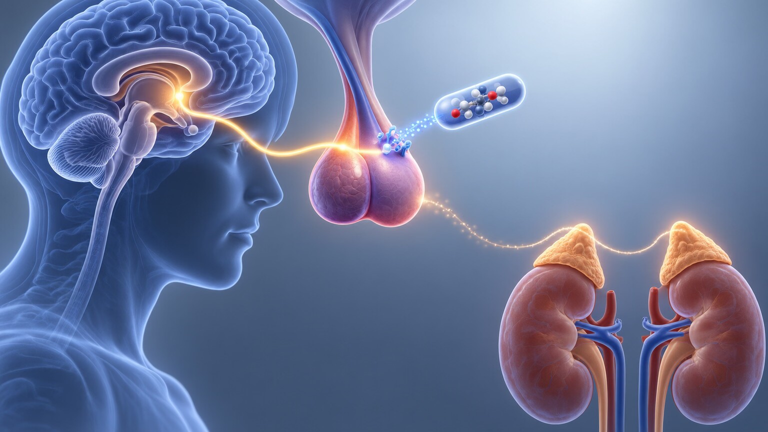 Scientific illustration of a synthetic dexamethasone molecule binding to pituitary gland receptors, signaling it to suppress ACTH and downstream cortisol output