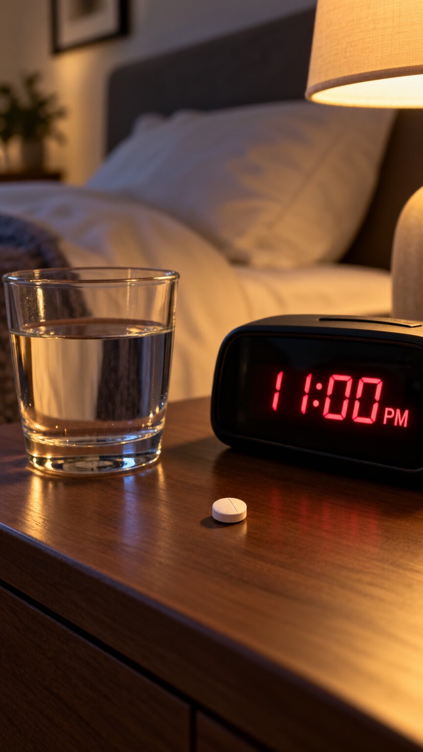 Close-up of a small dexamethasone tablet beside a bedside clock reading 11pm, illustrating the precisely timed late-night dose required for the test