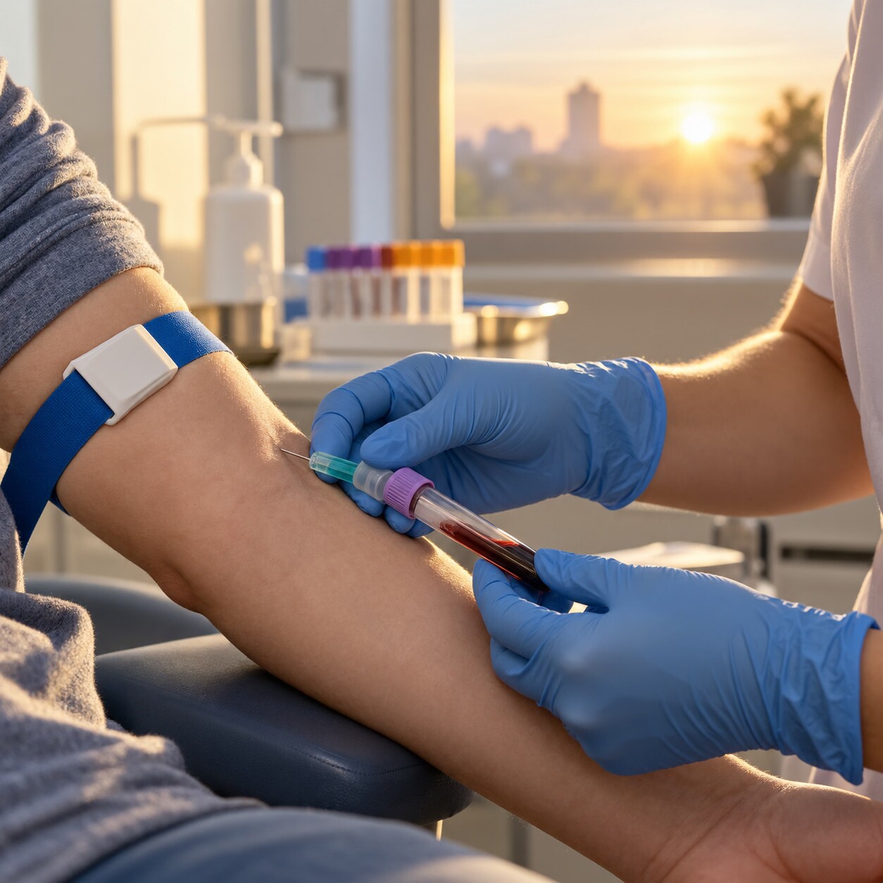 Close-up of a morning blood draw being performed to measure cortisol levels the day after a dexamethasone dose, testing for adequate suppression