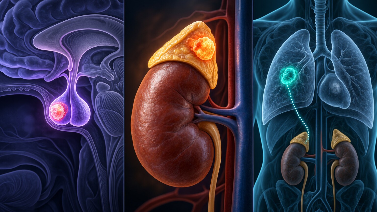 Scientific illustration comparing three anatomical sources of excess cortisol production: a pituitary tumor, an adrenal tumor, and an ectopic tumor outside the normal axis