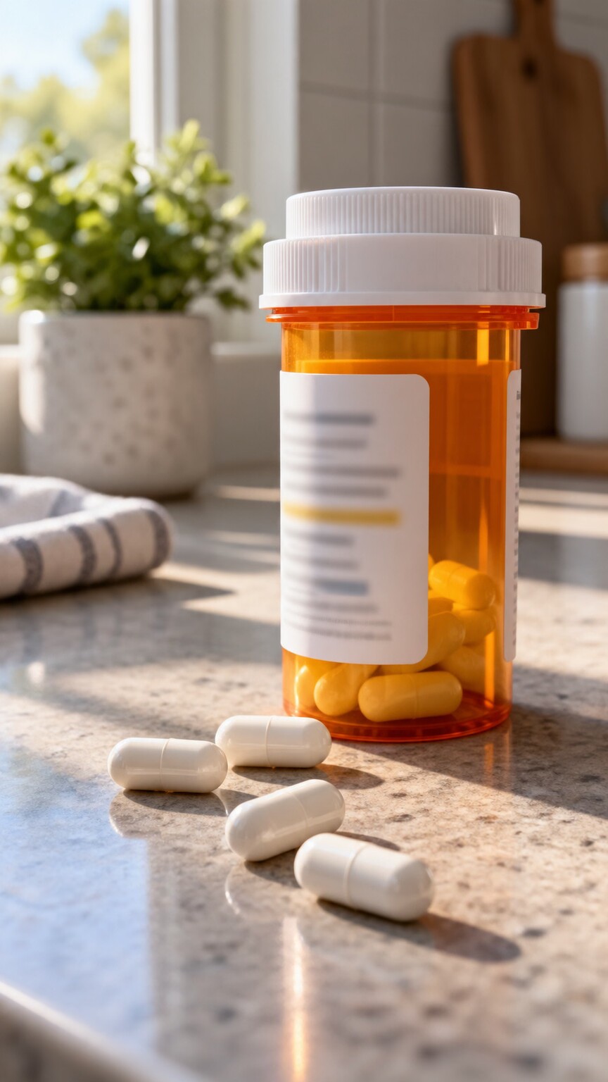 Close-up of a prescription medication bottle on a counter, illustrating how certain drugs can accelerate dexamethasone breakdown and cause a falsely abnormal suppression result