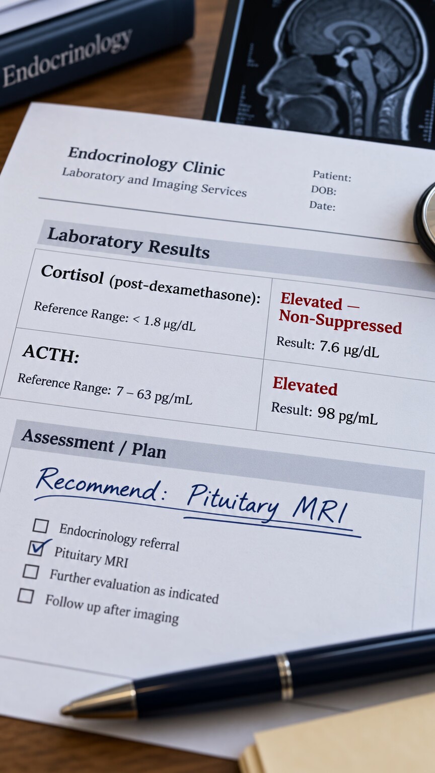 A printed lab report showing a non-suppressed cortisol result alongside an ACTH value and a referral note for pituitary MRI imaging