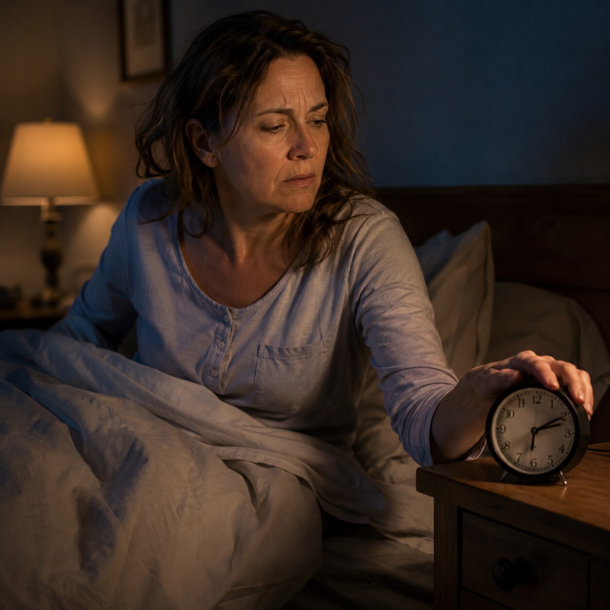 Woman sitting up in bed at 3am checking a bedside clock during a night of interrupted sleep