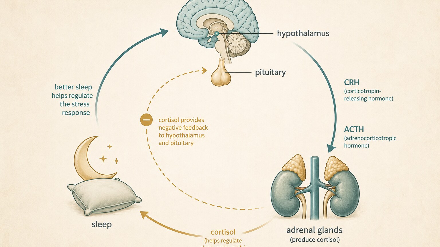 Scientific editorial diagram showing the hypothalamic-pituitary-adrenal axis feedback loop between the brain and adrenal glands