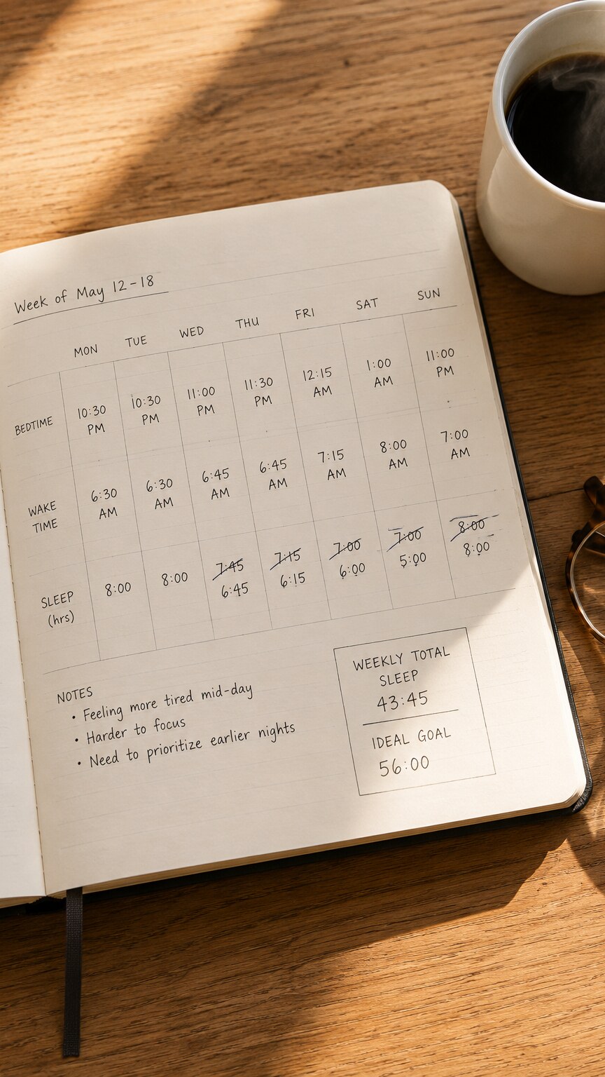 Overhead view of a weekly planner with several nights of intended sleep hours crossed out beside a cooling cup of coffee
