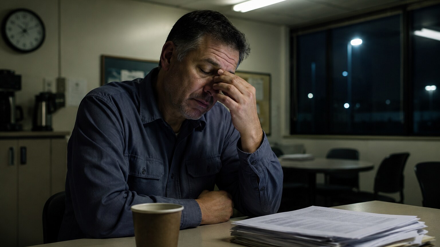 Night-shift worker rubbing tired eyes at a desk under fluorescent lighting during early morning hours