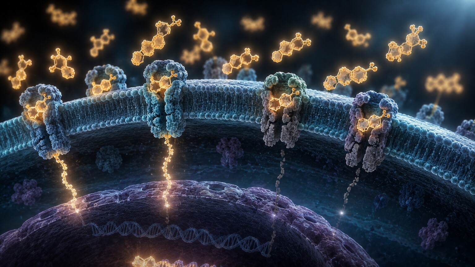 Scientific illustration of cortisol molecules surrounding a cell's glucocorticoid receptors without triggering a normal response