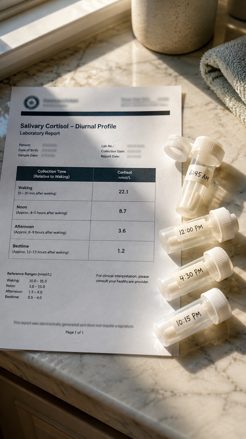Printed four-point saliva cortisol report beside labeled morning, noon, afternoon, and night collection tubes on a counter