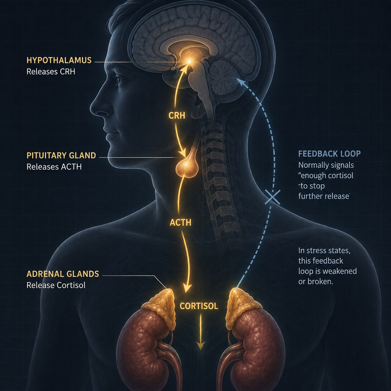 Scientific illustration of the hypothalamus, pituitary gland, and adrenal glands showing a stress feedback loop that fails to shut off
