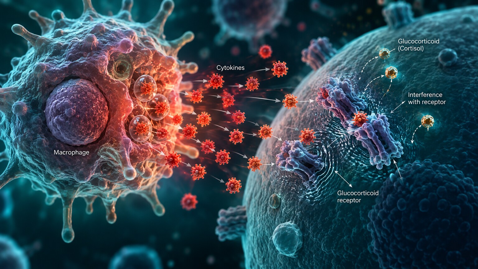 Illustration of an immune cell releasing cytokine molecules that interfere with a nearby cell's glucocorticoid receptor signaling