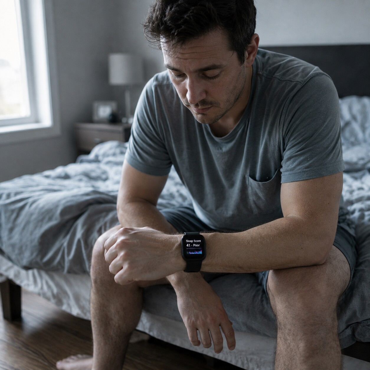 Person sitting on the edge of a bed in the morning looking at a wearable device screen showing a low sleep score