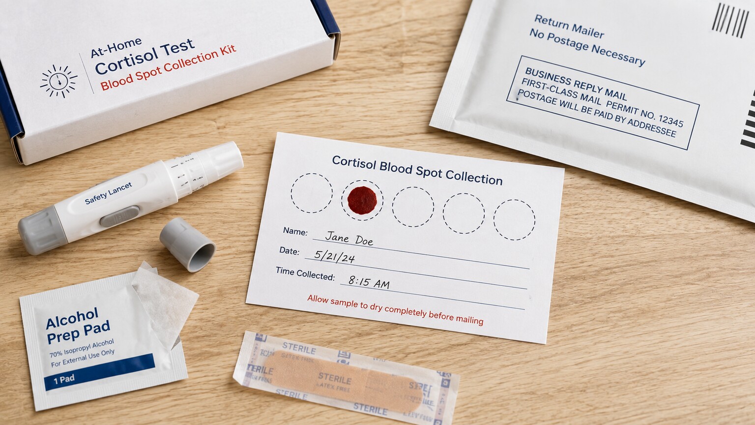 Home finger-prick cortisol blood spot test kit with a lancet and collection card laid out on a kitchen table