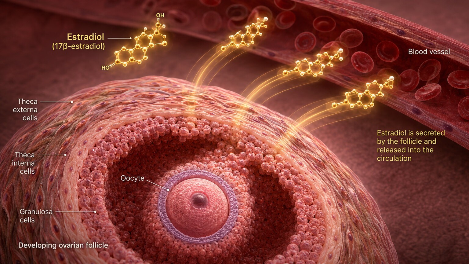 Scientific illustration of an estradiol molecule emerging from a developing ovarian follicle, the primary source of this hormone during reproductive years