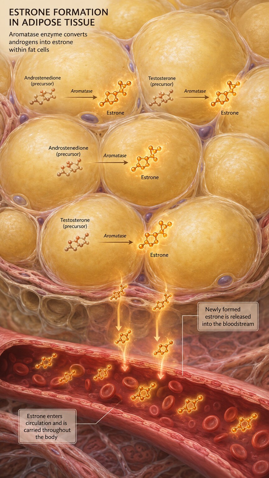 Scientific illustration of adipose fat tissue cells converting adrenal precursor hormones into estrone, the dominant estrogen type after menopause